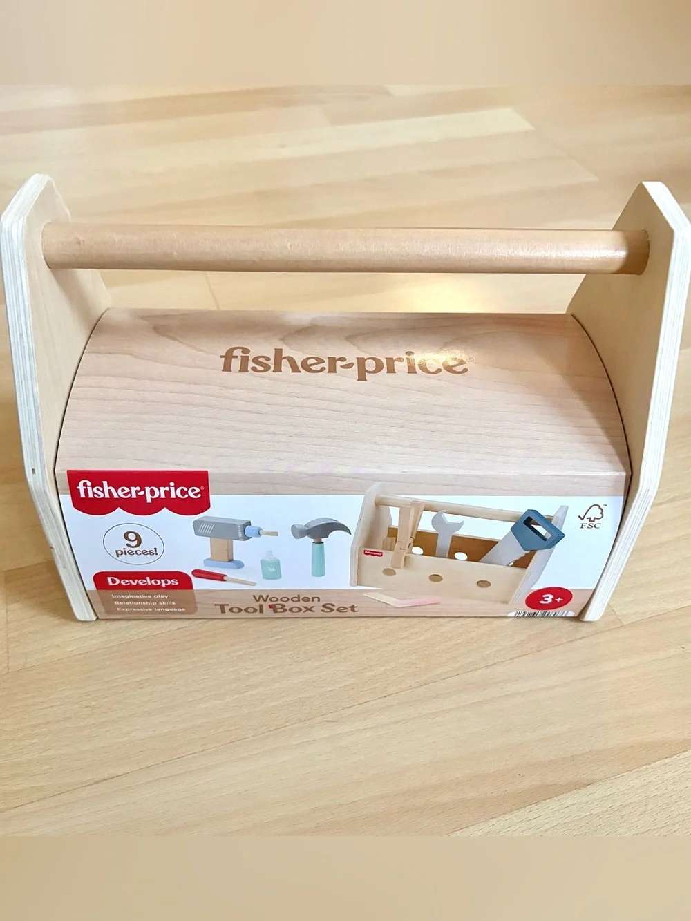 Fisher-Price Wooden Tool Box with Toy Drill Hammer Pliers Saw Wrench *NEW*